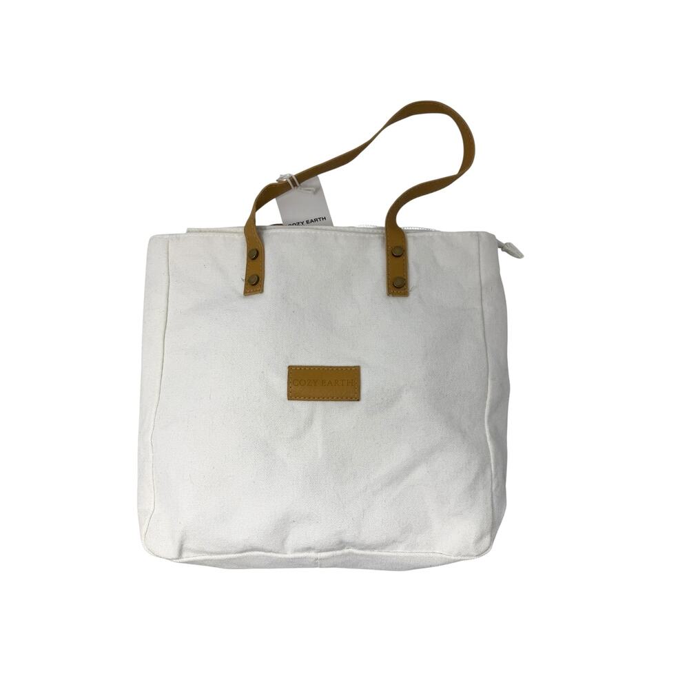 Cozy Earth Canvas Zip Top Tote Bag Tan Handles Reusable Shopper Ivory NWT OS